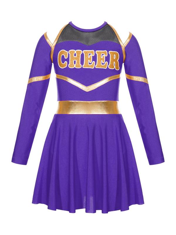 Kids Girls Long Sleeve Letter Print Cold Shoulder Cheerleading Dress thumb