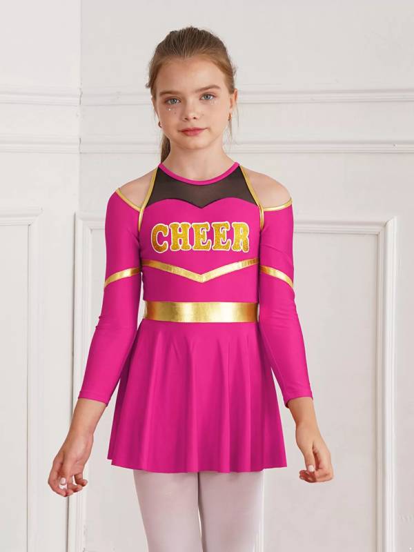 Kids Girls Long Sleeve Letter Print Cold Shoulder Cheerleading Dress thumb