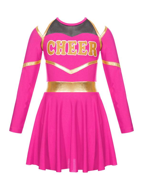 Kids Girls Long Sleeve Letter Print Cold Shoulder Cheerleading Dress thumb