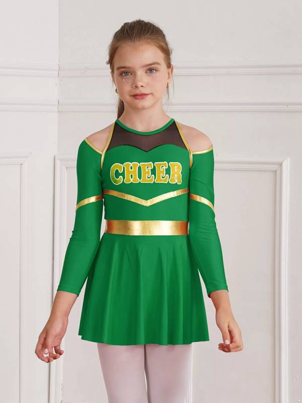 Kids Girls Long Sleeve Letter Print Cold Shoulder Cheerleading Dress thumb