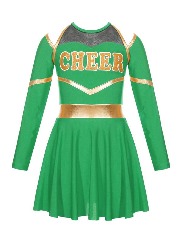 Kids Girls Long Sleeve Letter Print Cold Shoulder Cheerleading Dress thumb