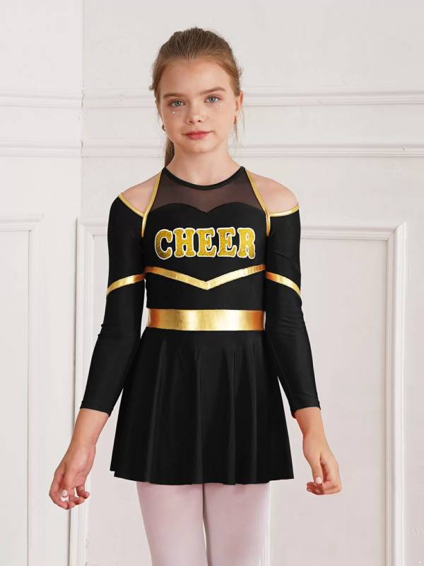 Kids Girls Long Sleeve Letter Print Cold Shoulder Cheerleading Dress thumb