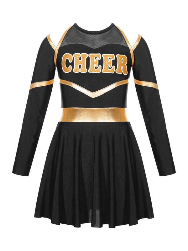 Kids Girls Long Sleeve Letter Print Cold Shoulder Cheerleading Dress thumb