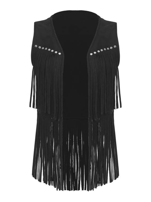 Women Faux Suede Tassel Rivets Fringe Open Front Cowgirl Vest thumb