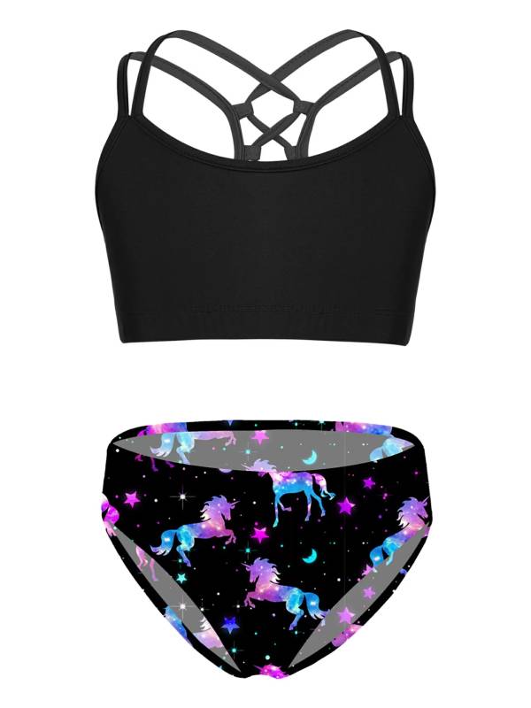 Kids Girls Two Pieces Sleeveless Strappy Tankini Swimsuit Sets thumb