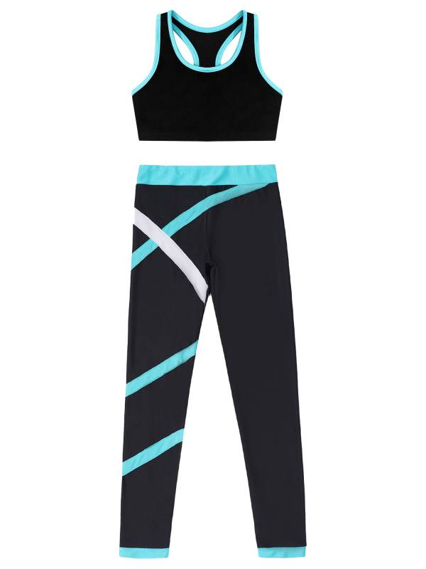 Kids Girls 2pcs Sleeveless Crop Top with Colorblock Leggings Sport Set thumb