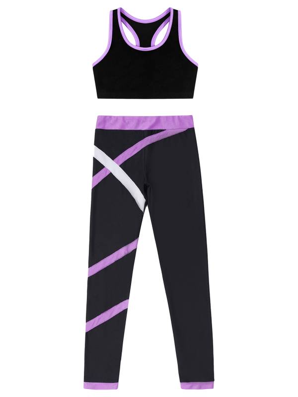 Kids Girls 2pcs Sleeveless Crop Top with Colorblock Leggings Sport Set thumb