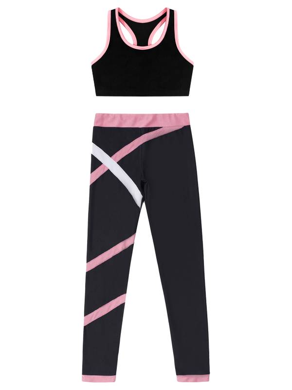 Kids Girls 2pcs Sleeveless Crop Top with Colorblock Leggings Sport Set thumb