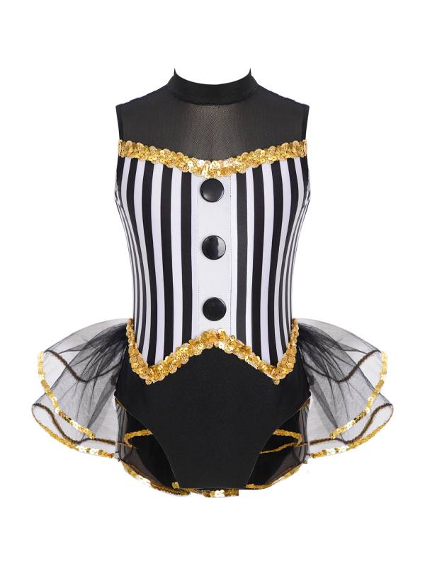 Kids Girls Sleeveless Sequins Striped Latin Jazz Dance Leotard thumb