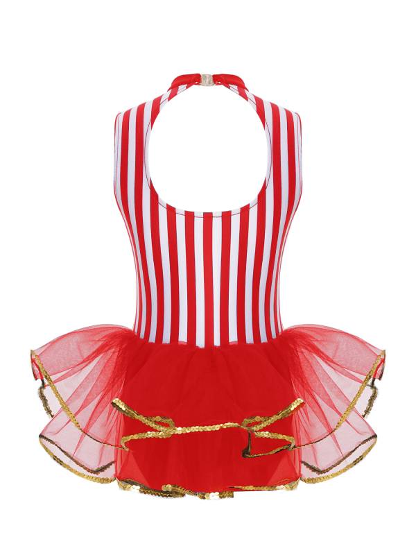 Kids Girls Sleeveless Sequins Striped Latin Jazz Dance Leotard thumb