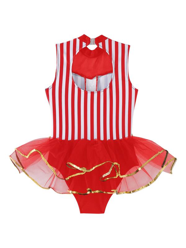 Kids Girls Sleeveless Sequins Striped Latin Jazz Dance Leotard thumb