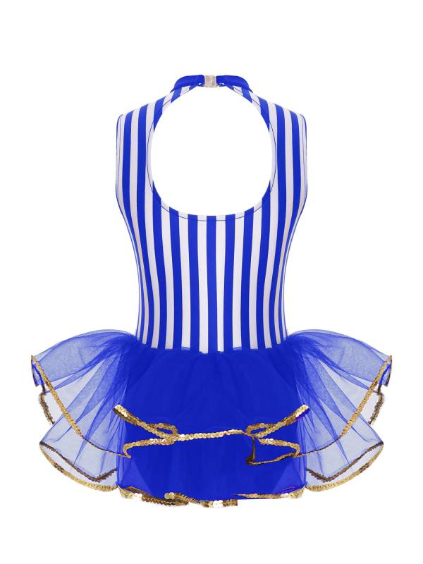 Kids Girls Sleeveless Sequins Striped Latin Jazz Dance Leotard thumb
