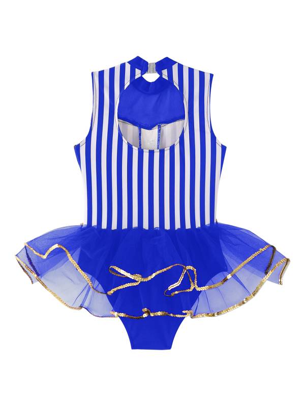 Kids Girls Sleeveless Sequins Striped Latin Jazz Dance Leotard thumb