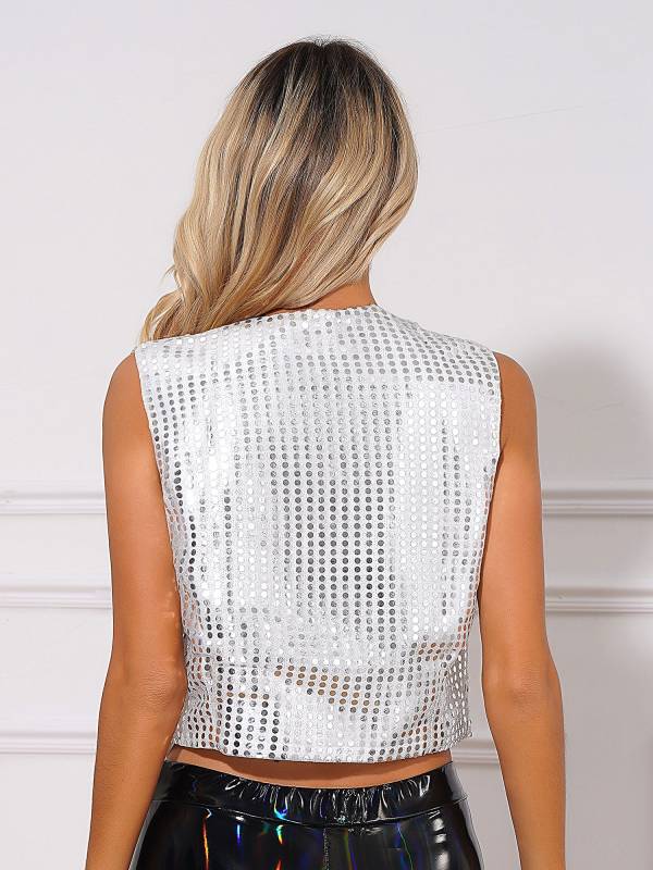 Women Glitter Sequins Vest Button Up Waistcoat for Jazz Dance thumb