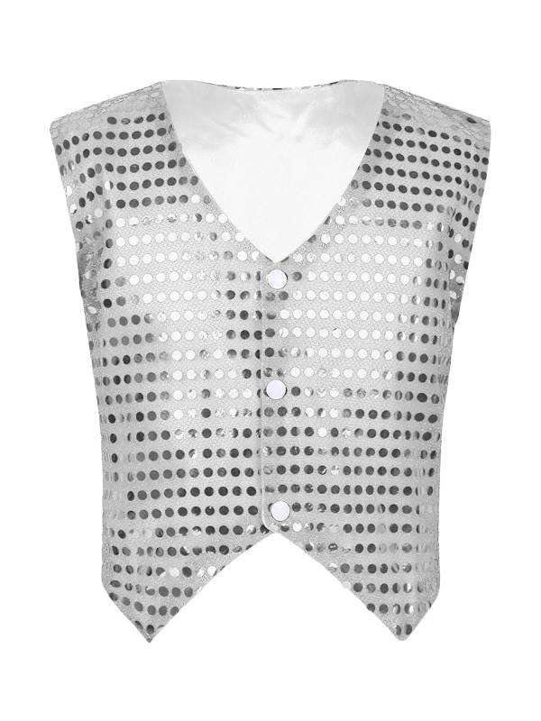 Women Glitter Sequins Vest Button Up Waistcoat for Jazz Dance thumb