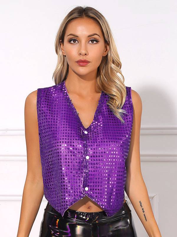 Women Glitter Sequins Vest Button Up Waistcoat for Jazz Dance thumb