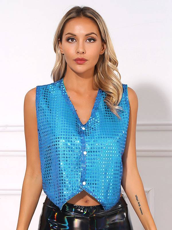 Women Glitter Sequins Vest Button Up Waistcoat for Jazz Dance thumb