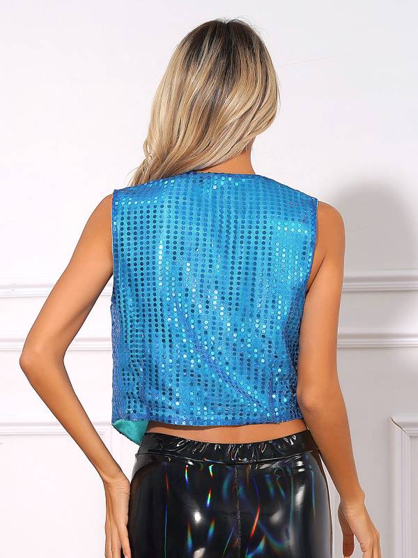Women Glitter Sequins Vest Button Up Waistcoat for Jazz Dance thumb