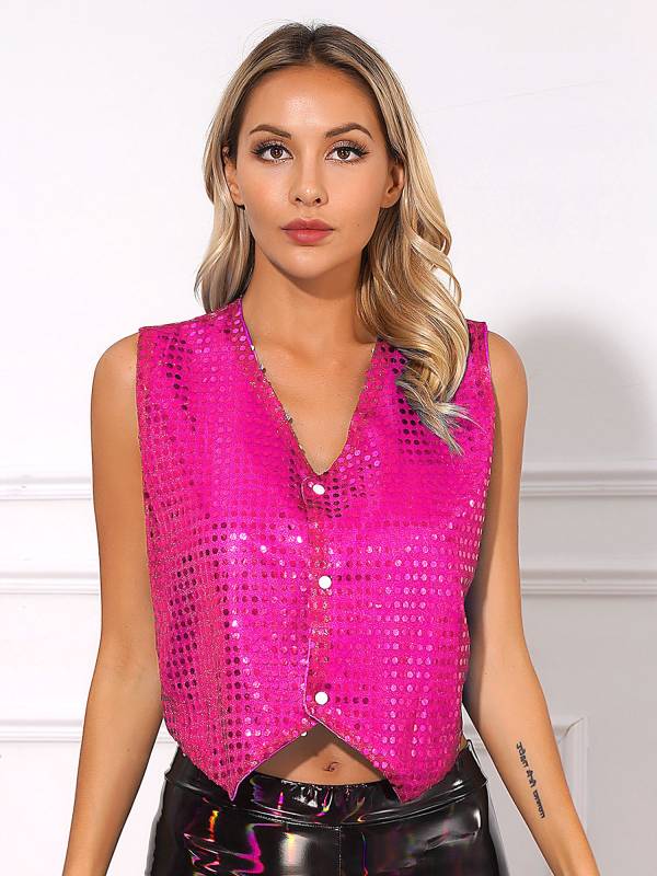 Women Glitter Sequins Vest Button Up Waistcoat for Jazz Dance thumb