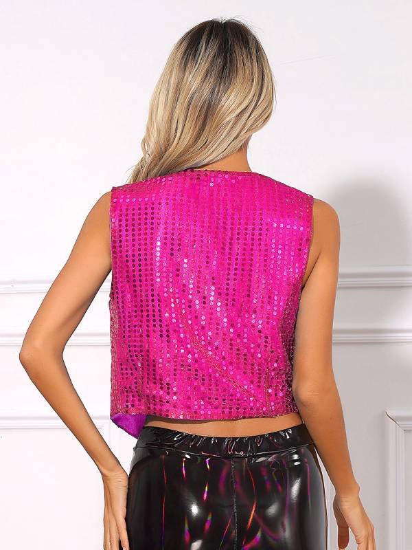 Women Glitter Sequins Vest Button Up Waistcoat for Jazz Dance thumb