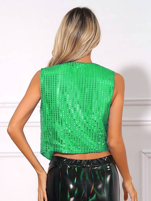 Women Glitter Sequins Vest Button Up Waistcoat for Jazz Dance thumb