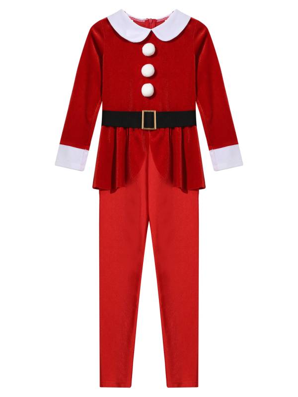 Kids Lapel Collar Long Sleeve Pompom Peplum Christmas Elf Cosplay Jumpsuit thumb