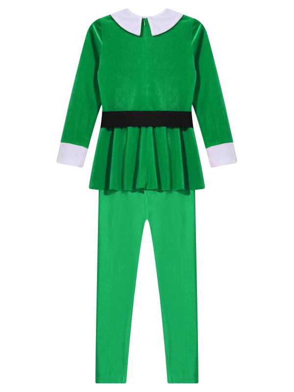 Kids Lapel Collar Long Sleeve Pompom Peplum Christmas Elf Cosplay Jumpsuit thumb