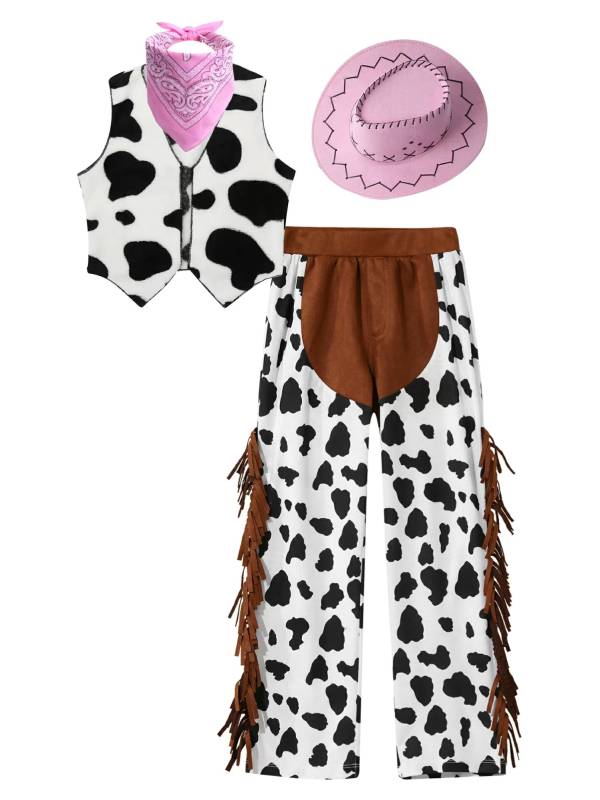 Kids 4pcs Cow Printed Vest Pants Bandanna and Felt Hat Cowboy Set thumb