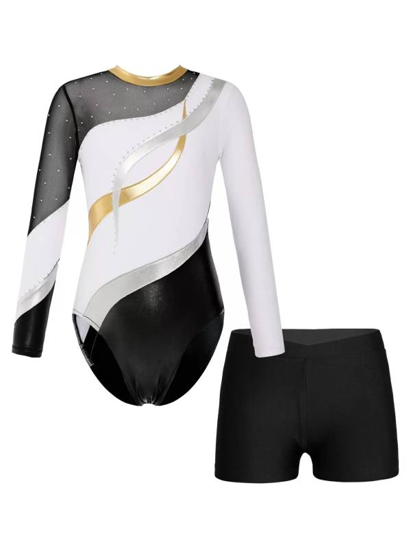 Kids Girls 2pcs Long Sleeve Rhinestones Leotard with Shorts Dance Set thumb