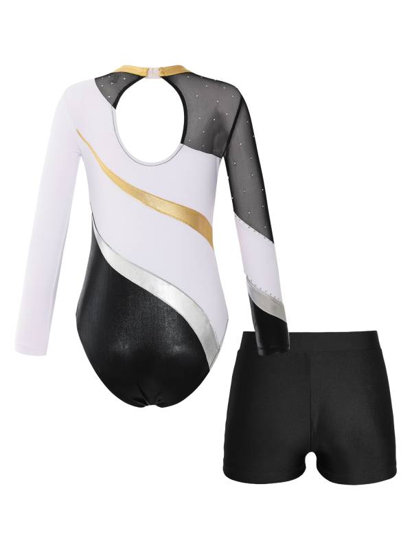 Kids Girls 2pcs Long Sleeve Rhinestones Leotard with Shorts Dance Set thumb