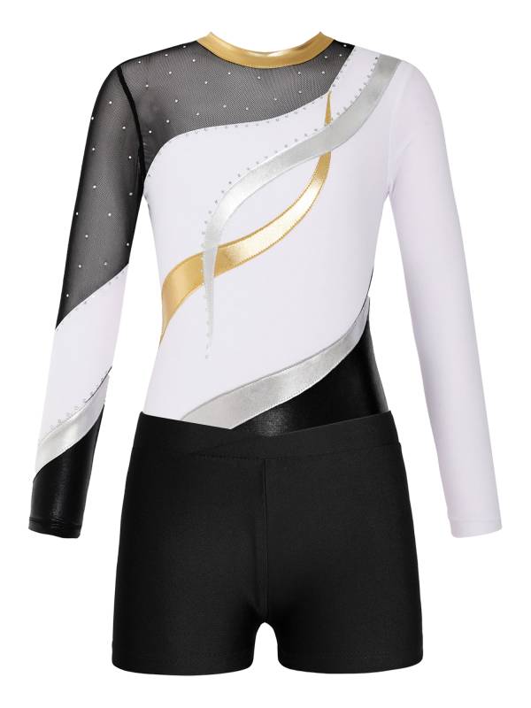 Kids Girls 2pcs Long Sleeve Rhinestones Leotard with Shorts Dance Set thumb