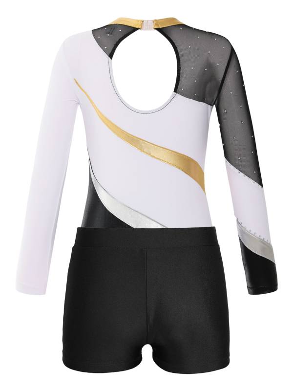 Kids Girls 2pcs Long Sleeve Rhinestones Leotard with Shorts Dance Set thumb