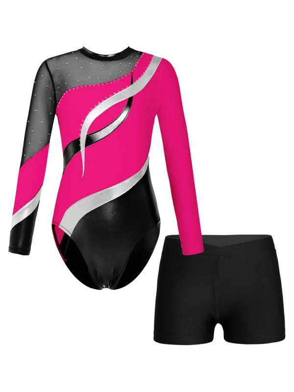 Kids Girls 2pcs Long Sleeve Rhinestones Leotard with Shorts Dance Set thumb