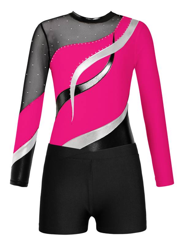 Kids Girls 2pcs Long Sleeve Rhinestones Leotard with Shorts Dance Set thumb