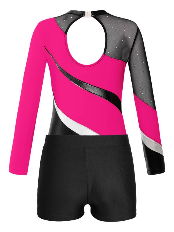 Kids Girls 2pcs Long Sleeve Rhinestones Leotard with Shorts Dance Set thumb