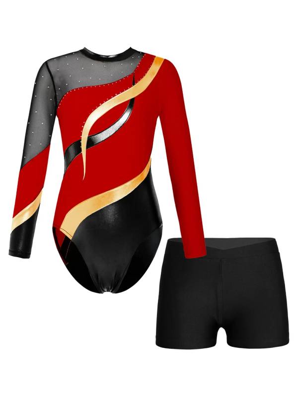 Kids Girls 2pcs Long Sleeve Rhinestones Leotard with Shorts Dance Set thumb
