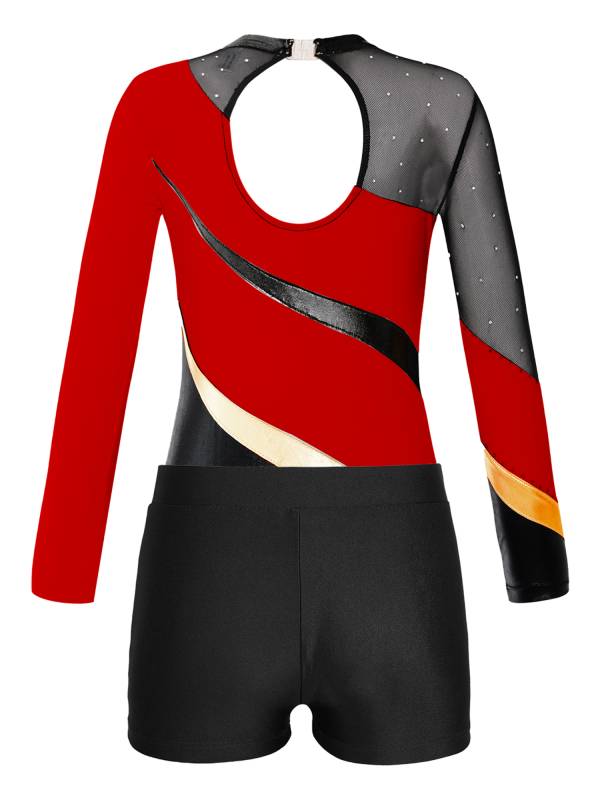 Kids Girls 2pcs Long Sleeve Rhinestones Leotard with Shorts Dance Set thumb