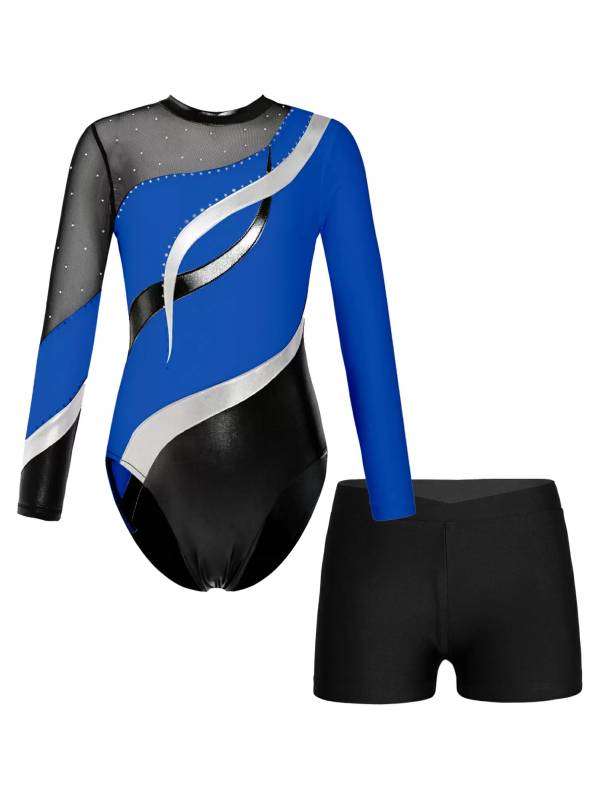 Kids Girls 2pcs Long Sleeve Rhinestones Leotard with Shorts Dance Set thumb