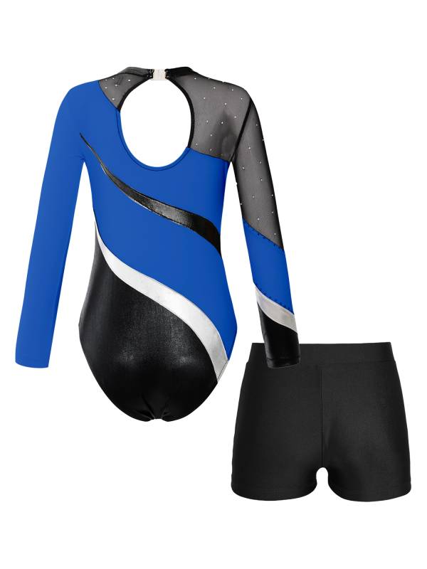 Kids Girls 2pcs Long Sleeve Rhinestones Leotard with Shorts Dance Set thumb
