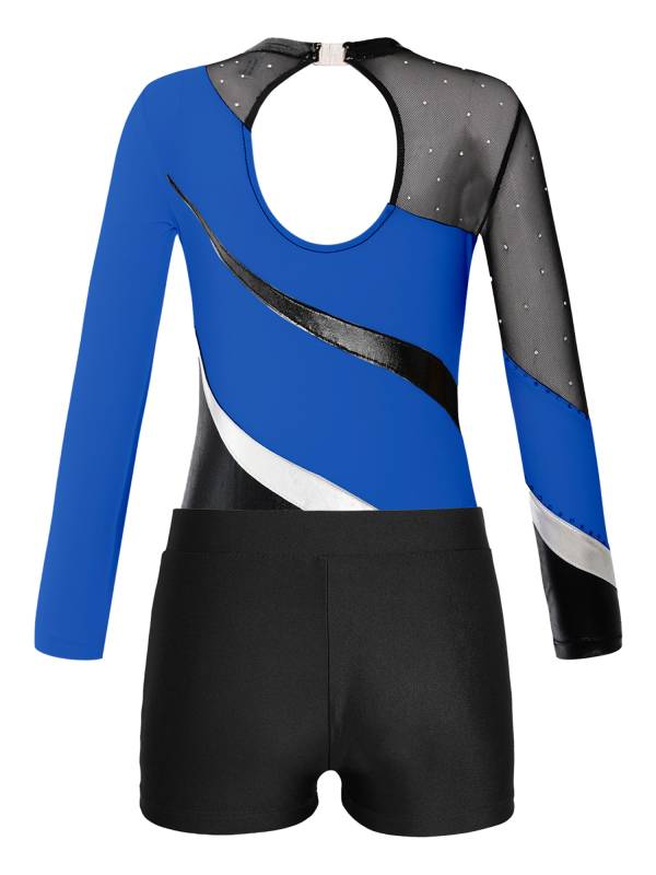 Kids Girls 2pcs Long Sleeve Rhinestones Leotard with Shorts Dance Set thumb