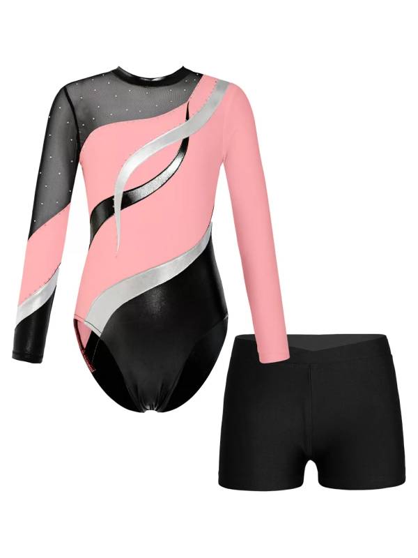 Kids Girls 2pcs Long Sleeve Rhinestones Leotard with Shorts Dance Set thumb