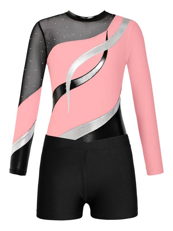 Kids Girls 2pcs Long Sleeve Rhinestones Leotard with Shorts Dance Set thumb