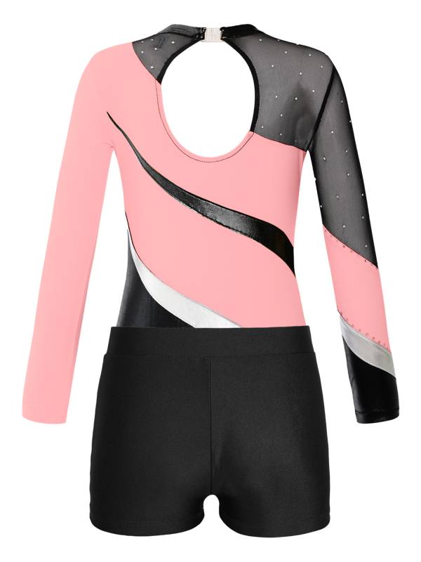 Kids Girls 2pcs Long Sleeve Rhinestones Leotard with Shorts Dance Set thumb