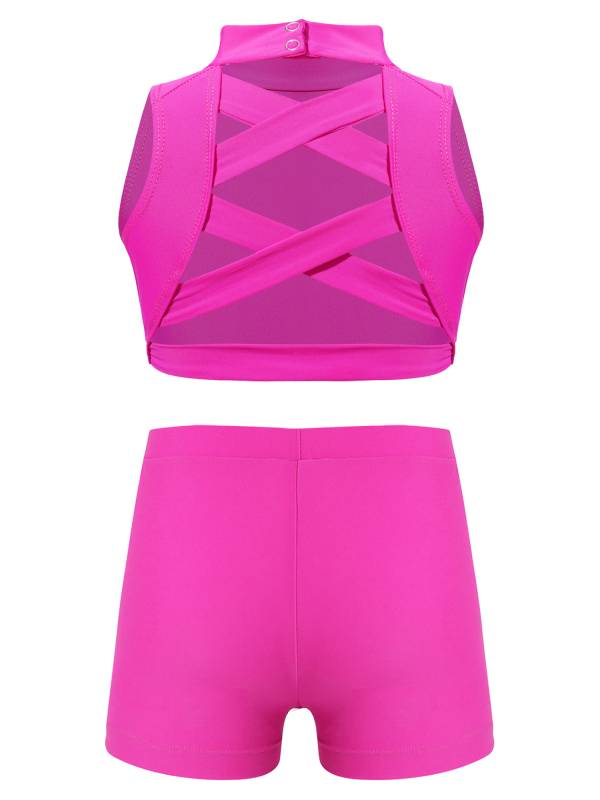 Kids Girls 2pcs Sleeveless Criss Cross Back Crop Top Swimsuit Set thumb