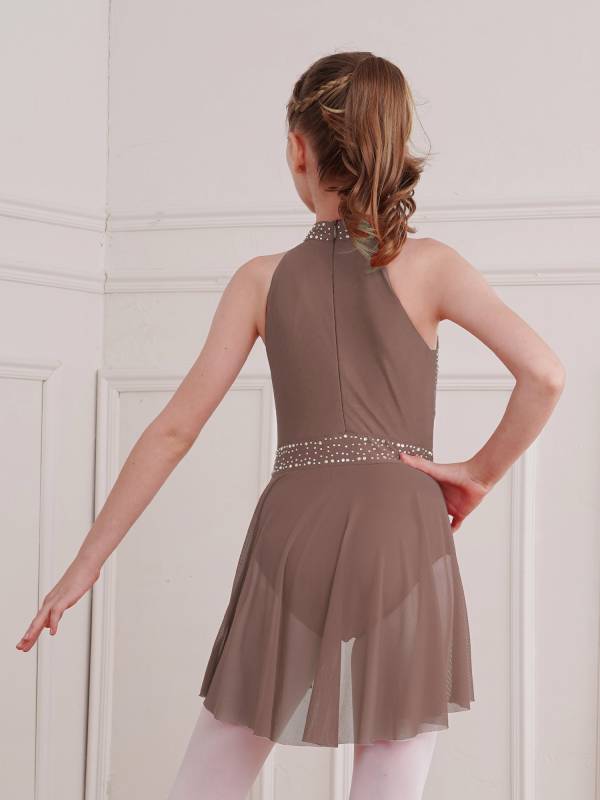 Kids Girls Sleeveless Glittery Rhinestones Lyrical Dance Leotard Dress thumb