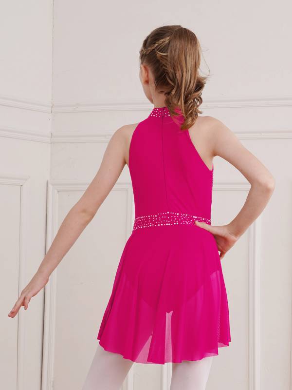Kids Girls Sleeveless Glittery Rhinestones Lyrical Dance Leotard Dress thumb