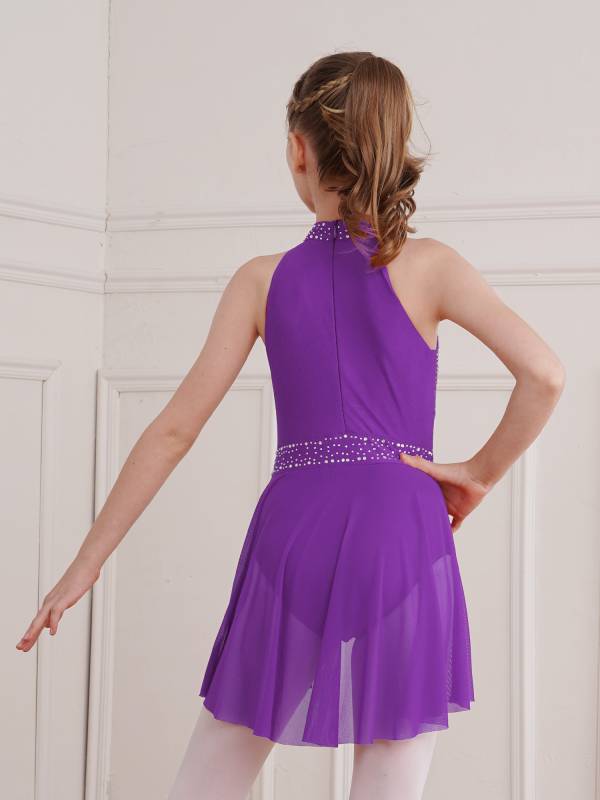 Kids Girls Sleeveless Glittery Rhinestones Lyrical Dance Leotard Dress thumb