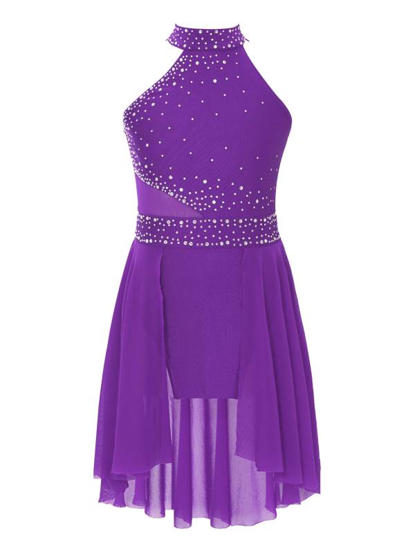 Kids Girls Sleeveless Glittery Rhinestones Lyrical Dance Leotard Dress thumb