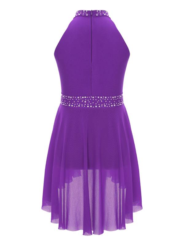 Kids Girls Sleeveless Glittery Rhinestones Lyrical Dance Leotard Dress thumb