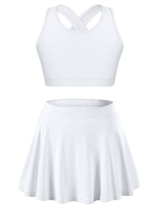 Kids Girls 2pcs Sleeveless Crop Top with Pleated Skort Skirt Tennis Set thumb